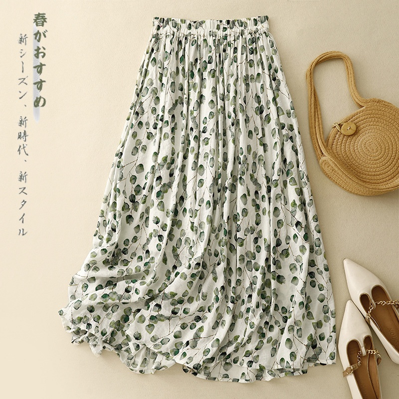 小清新印花棉麻半身裙女2024夏季新款舒适休闲碎花松紧腰中长裙子