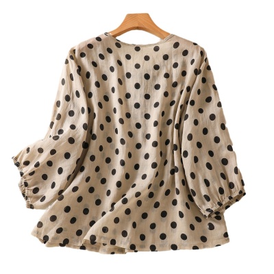 2024夏新款文艺气质风圆领七分袖套头上衣女宽松盘扣波点棉麻衬衫