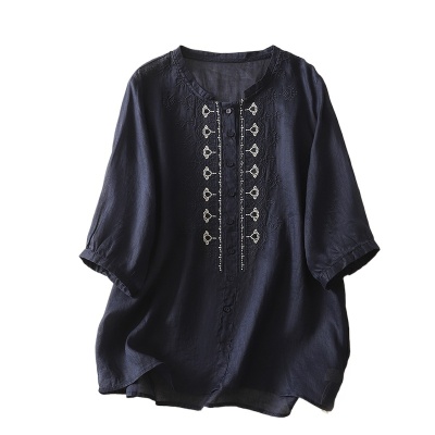 实拍 文艺刺绣高端棉麻衬衫女纯色夏宽松显瘦五分袖轻薄小衫上衣