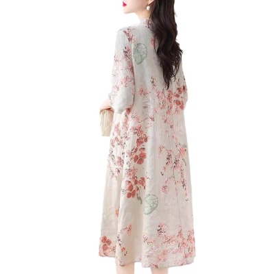 2024夏季新款气质复古印花国风斜襟立领棉质连衣裙改良旗袍长裙女