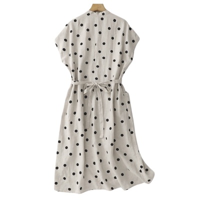 棉麻波点连衣裙女夏新款复古V领收腰显瘦气质中长裙A字裙
