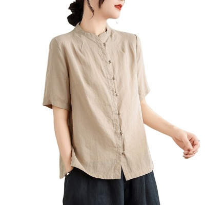 新中式复古禅意单排扣棉麻短袖衬衫女简约设计感小众盘扣开衫上衣