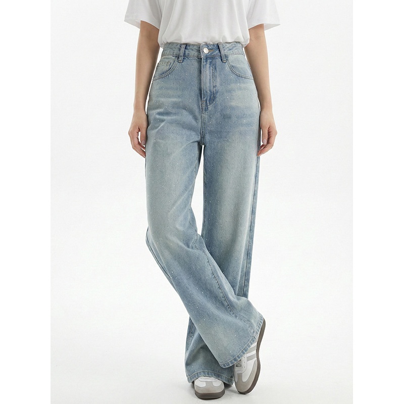 云长 春季新款牛仔裤女珍珠细闪星河璀璨休闲裤子薄款直筒长裤批