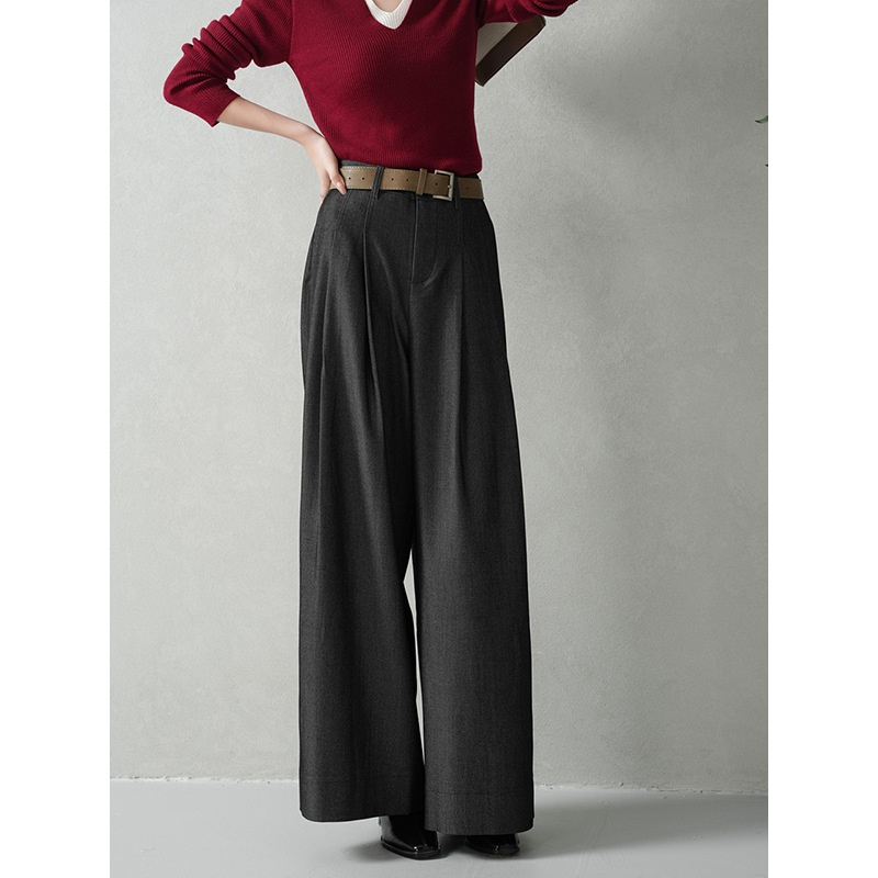 云长 通勤风女士西装阔腿裤春季新款雾面毛呢感长裤御姐直筒裤子
