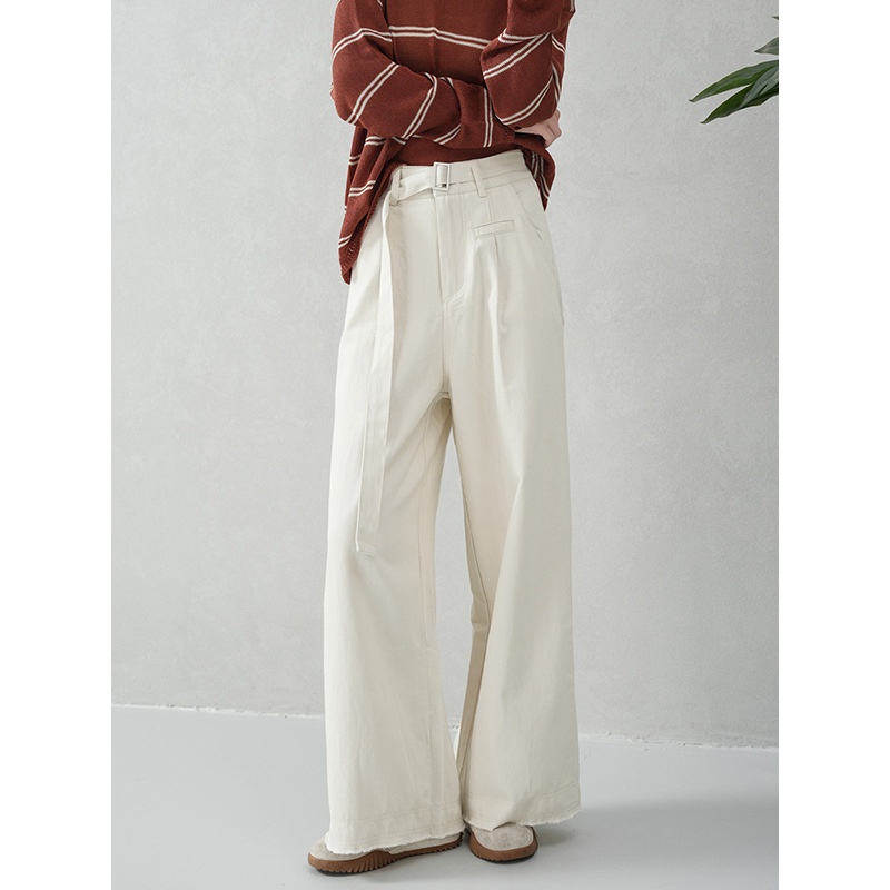 云长 莱赛尔棉米白色阔腿裤春季新款女生显瘦裤子垂感长裤现货批