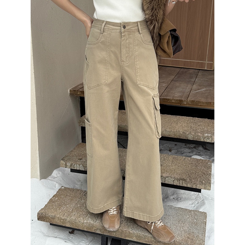 云长 卡其工装裤女冬季新款日系高腰显瘦长裤阔腿直筒休闲裤K0172