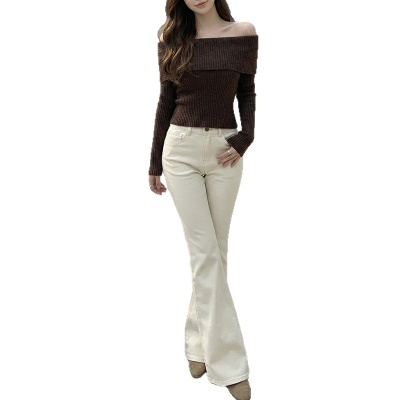 云长 天丝莱赛尔棉牛仔裤女休闲刺绣喇叭裤春季新款显瘦浅色长裤