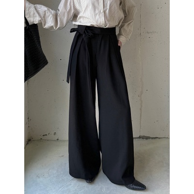 云长 西装阔腿裤女春季垂感拖地长裤高级感宽松高腰系带裤子K0132