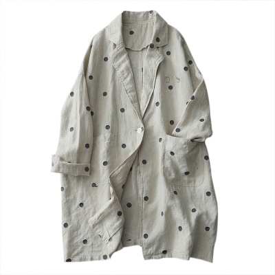 实拍2025春秋女亚麻波点文艺长袖外套日系宽松中长西装外搭薄风衣