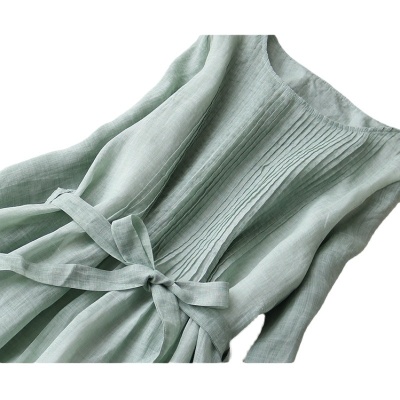 系带收腰显瘦五分袖连衣裙女2023夏季新款棉麻文艺优雅风琴褶裙子