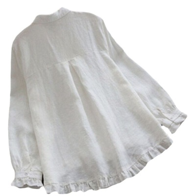 2024春秋新款纯色棉麻衬衫胖mm长袖翻领木耳边拼接大码亚麻上衣女