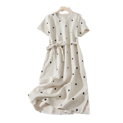 2024夏新款棉麻印花文艺波点小个子中长连衣裙系带收腰显瘦短袖裙