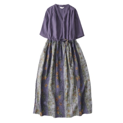 2026夏季新款复古民族风印花拼色文艺旅行中长款宽松显瘦连衣裙女