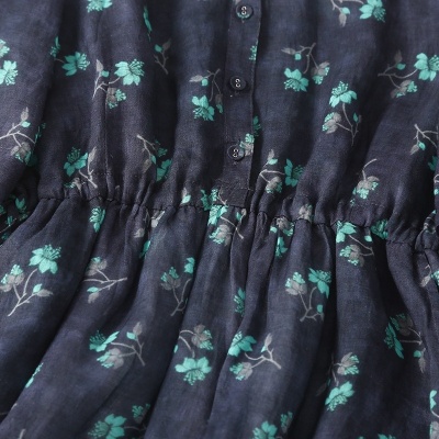 系带苎麻V领七分袖棉麻连衣裙女新款夏收腰显瘦文艺气质碎花长裙