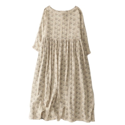 实拍2026春夏新款素雅温柔碎花慵懒娃娃款圆领套头系带宽松连衣裙