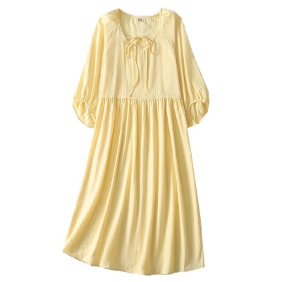 实拍2026春季新款宽松文艺风双层领口系带显瘦七分袖棉质连衣裙女