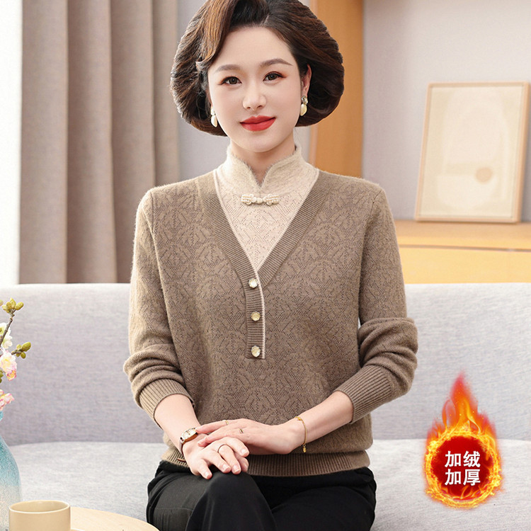 妈妈装秋冬加绒加厚毛衣一体绒针织打底衫中老年宽松内搭保暖上衣