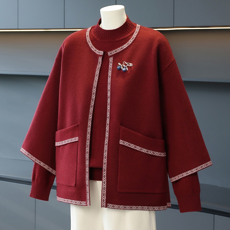 2025妈妈秋装新款国风毛衣外套时尚中老年女秋冬针织开衫两件套装