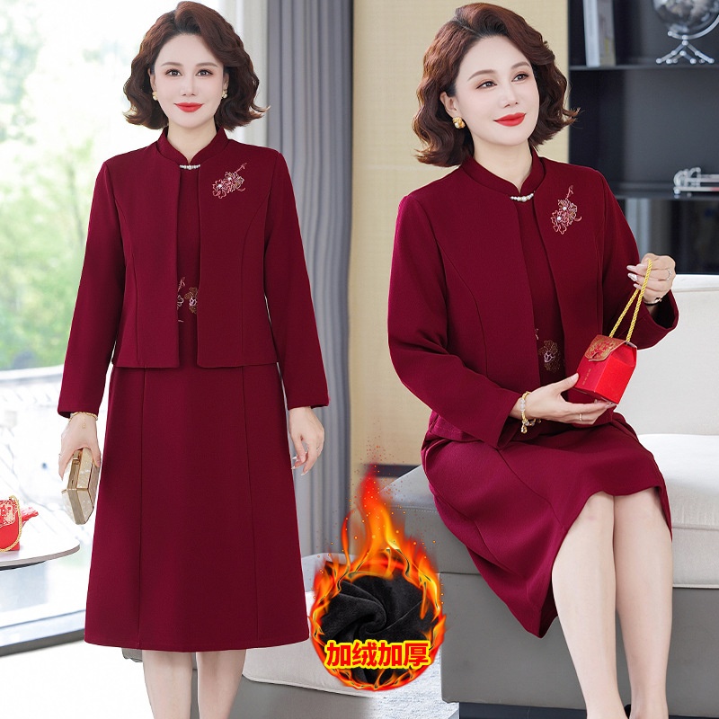 新款休闲妈妈礼服加绒连衣裙套装中老年女春秋冬两件套婆婆婚宴