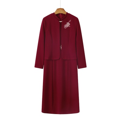 新款休闲妈妈礼服加绒连衣裙套装中老年女春秋冬两件套婆婆婚宴