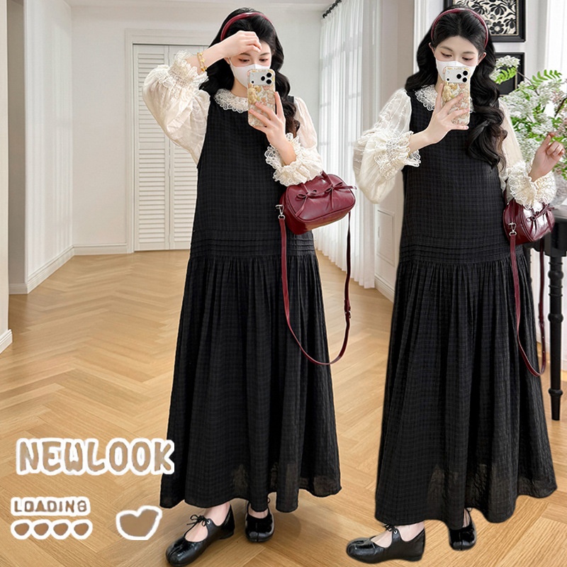 孕期穿搭2026春季新品经典格子长裙气质蕾丝衬衫潮妈显瘦孕妇套装