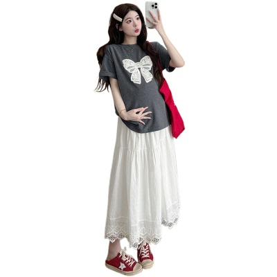 2025夏季新款棉质宽松蝴蝶结刺绣T恤上衣+半身裙孕期外穿孕妇套装