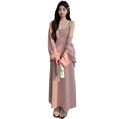 孕期穿搭2026春季新品纯欲慵懒风吊带连衣裙+针织小开衫孕妇套装