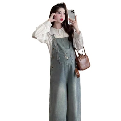 孕妇牛仔背带裤时尚秋季新款韩版减龄娃娃领衬衣宽松休闲阔腿长裤