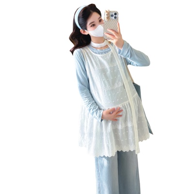 孕期穿搭2026春季新品洋气小清新宽松遮孕肚简约T恤+蕾丝背心套装