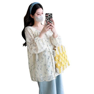 孕期穿搭春季新品小碎花宽松衬衫+无托腹直筒裤潮妈外穿孕妇套装