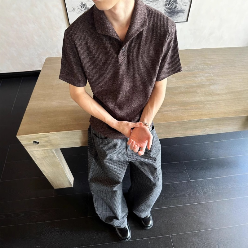 EME易盛易 轻奢罗马格意式一片领猫眼石扣正肩短袖打底polo衫男