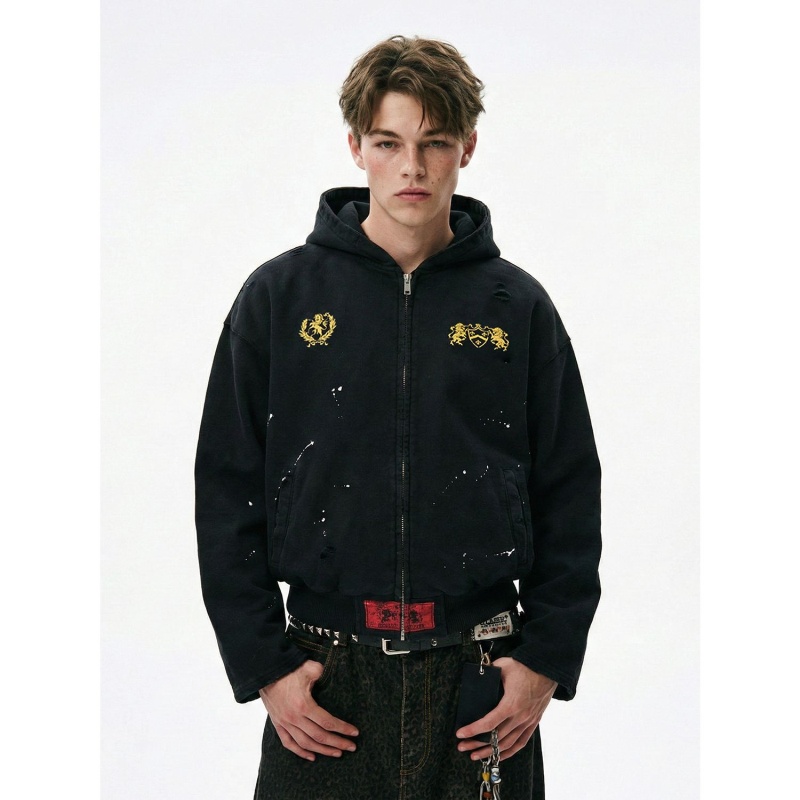 易盛易 360g美式复古水洗做旧虫洞vintage印花短宽拉链连帽卫衣