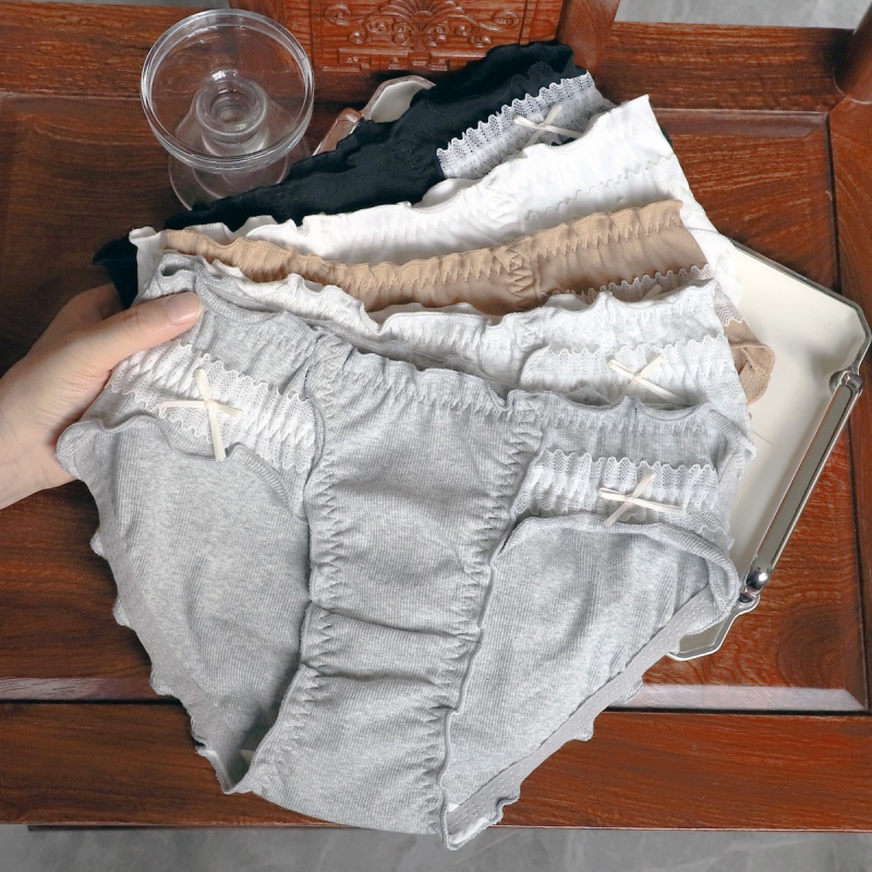 日系细螺纹小清新棉款柔美蕾丝双花仔时尚木耳边少女中腰三角内裤