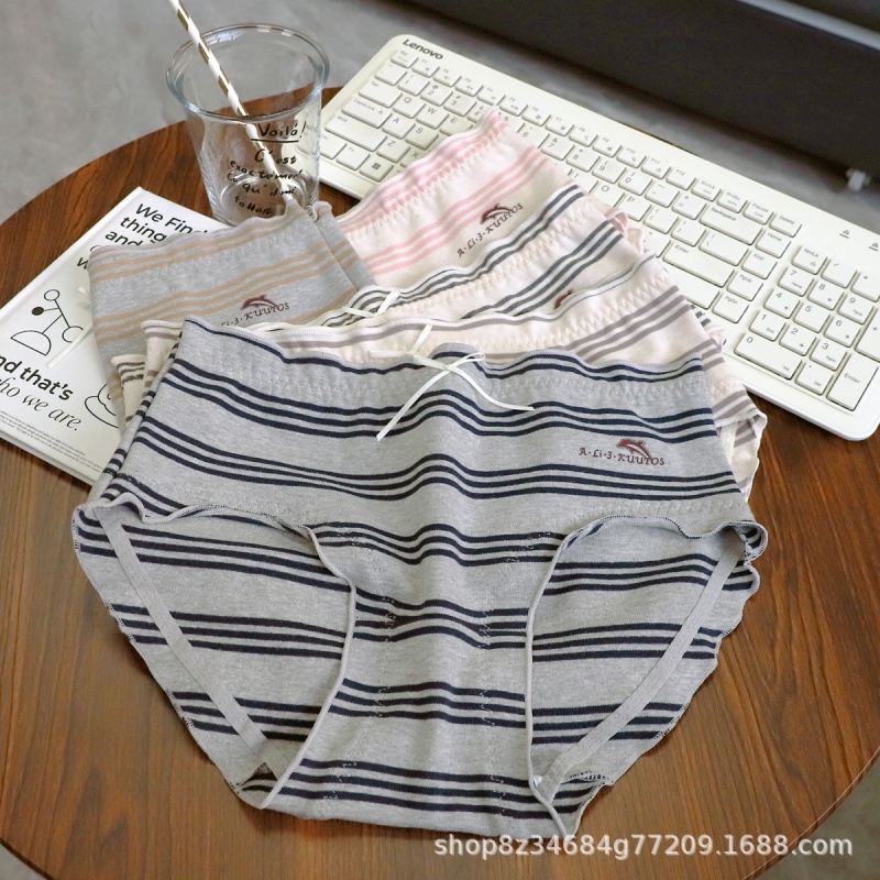 时尚棉质爽条纹可爱海豚字母印花青春高弹木耳边少女中腰三角内裤