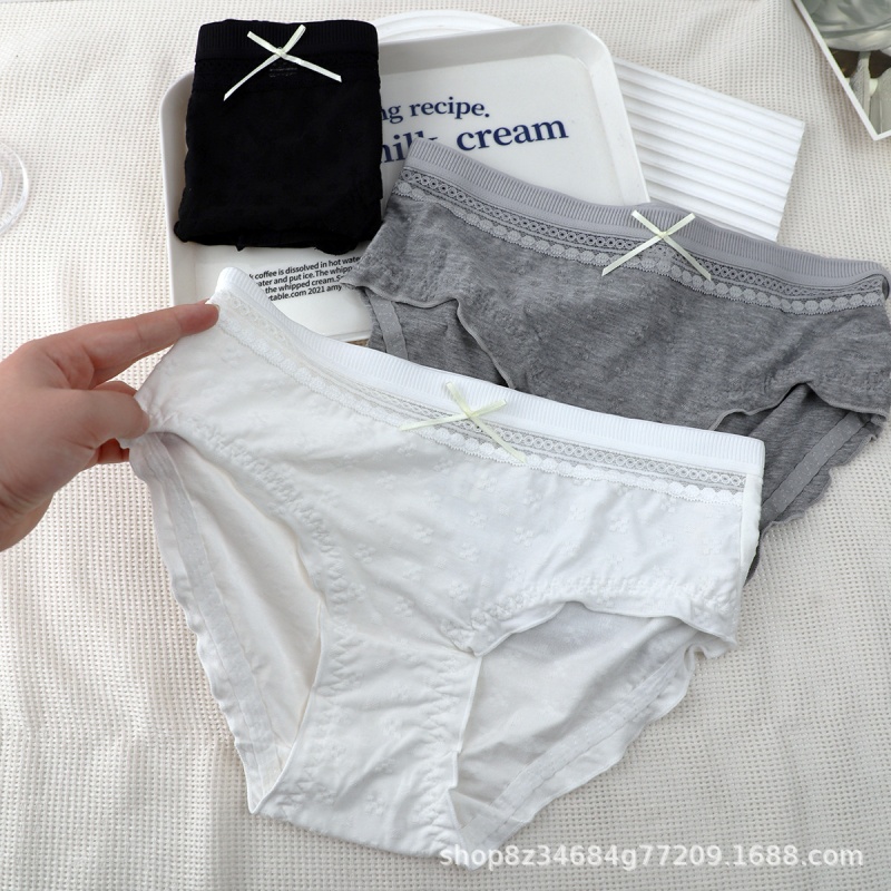 可爱镂空蕾丝荷叶边棉质柔软细腻亲肤蝴蝶结甜美提花少女三角内裤