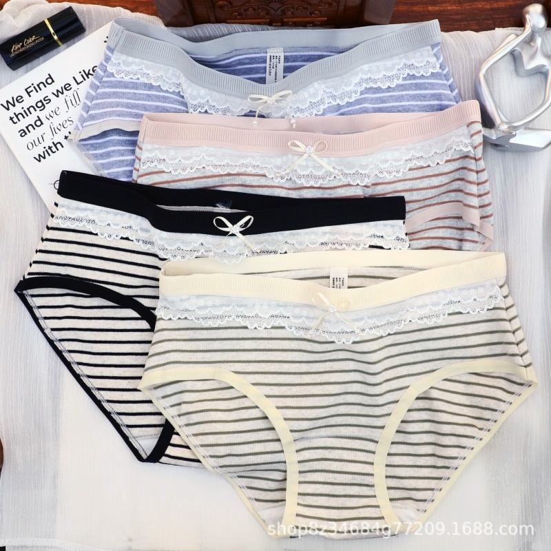 时尚棉多彩条纹性感蕾丝花边坦克绒锦纶高弹腰带中腰少女三角内裤
