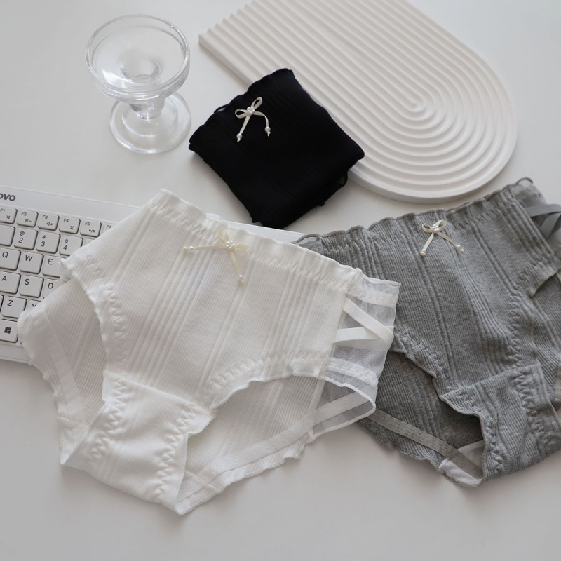 欧尼韩系气质小姐姐弹力螺纹棉三角内裤女生网纱拼接中腰学生底裤
