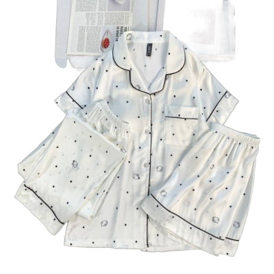 实拍#冰丝带胸垫睡衣三件套女士家居服套装开衫波点KT猫卡通少女