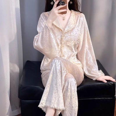 春季新款金丝绒开衫长袖可外穿时尚风家居服套装保暖睡衣女