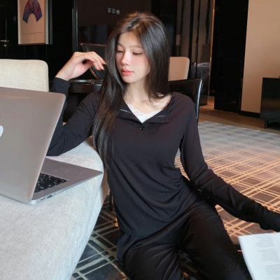 带胸垫莫代尔睡衣女蕾丝长袖长裤春秋可外穿家居服两件套