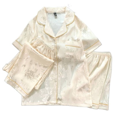 实拍#冰丝带胸垫睡衣三件套女士家居服套装国风轻奢女士睡衣套装