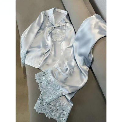 睡衣女春秋薄款冰雪丝秋季长袖蕾丝花边高级感家居服两件套